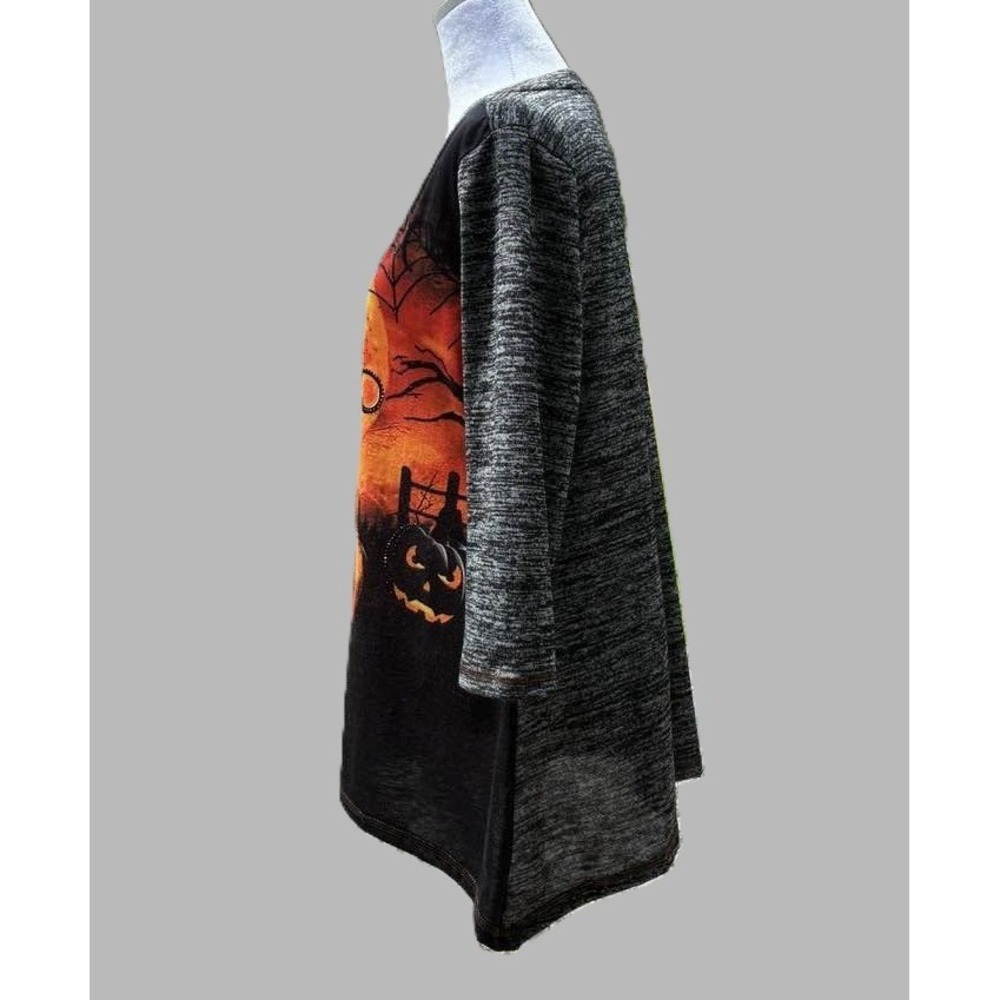 Onque Casual Halloween Black Cat Pumpkin Rhinestone Top Size L Grey Orange Black - Picture 8 of 14